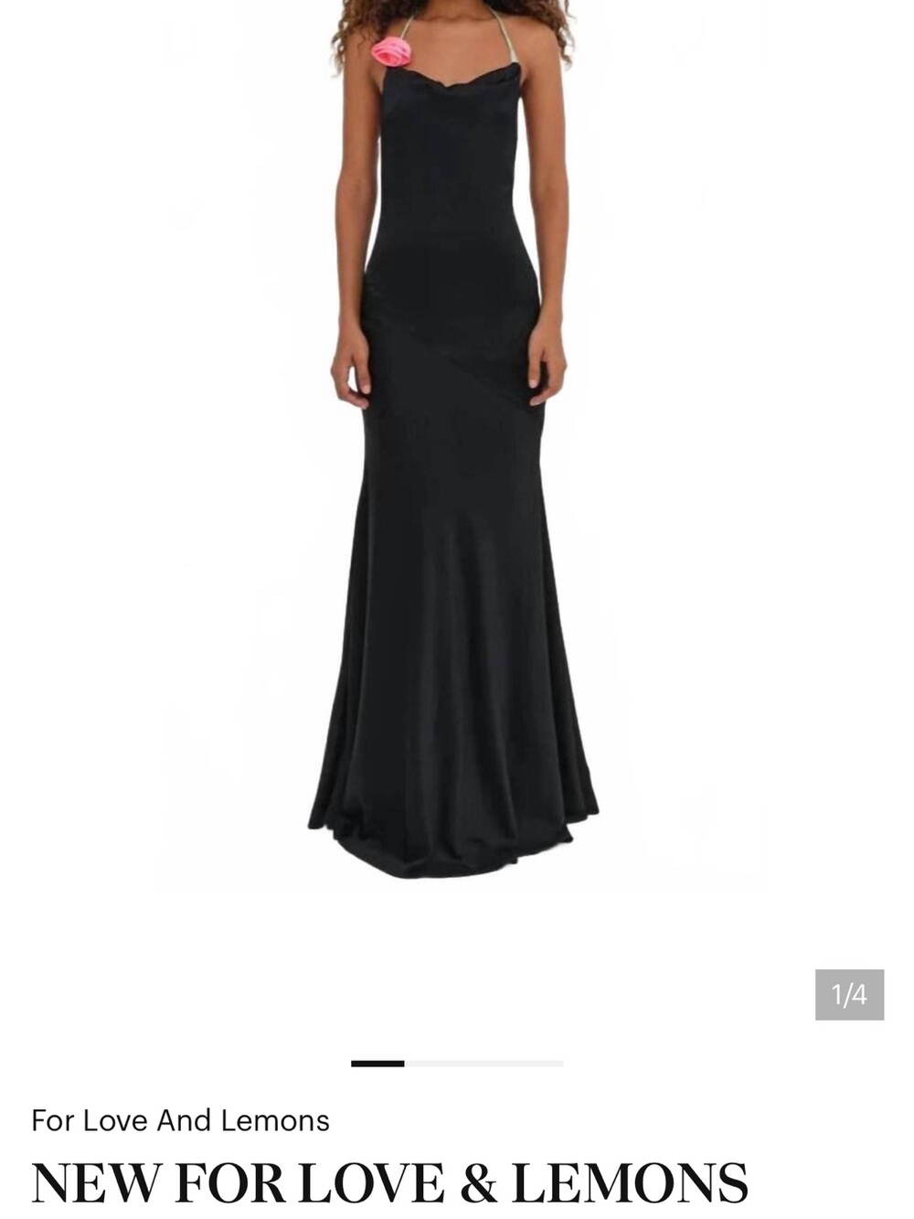 For Love & Lemons Black Silk Strapless Evening Gown with Pink Rosette